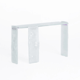 Sophisticated Glas Italia Opalia console with translucent white Extralight surface and brushed aluminum joints