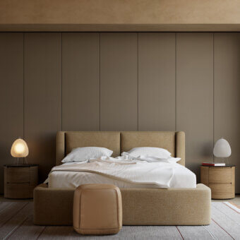 Premium Kristalia Dimora Bed with black lacquered melamine frame, warm beige textured fabric, sculptural headboard panels