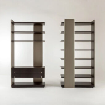 Prestige Laurameroni Outfit bookcase with wood shelves and drawers in deep dark brown finish, taupe vertical panels, lines