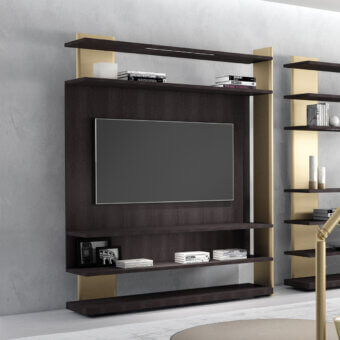 Architectural Laurameroni Outfit TV Wall Unit with dark brown wood-grained surfaces and light beige vertical panels
