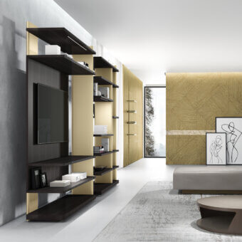 Sophisticated Laurameroni Outfit TV wall unit with angular silhouette in dark wood and gold lacquer finish
