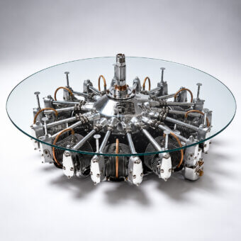 Sophisticated Arteinmotion Aeronautical coffee table with glass top and silver bronze copper gray cylinders