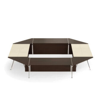 Exquisite Codutti Genesis table featuring octagonal silhouette dark brown wood cream leather inserts glossy aluminum legs