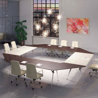 Sophisticated Codutti Genesis table featuring octagonal silhouette dark brown wood-grain light beige inserts polished aluminum