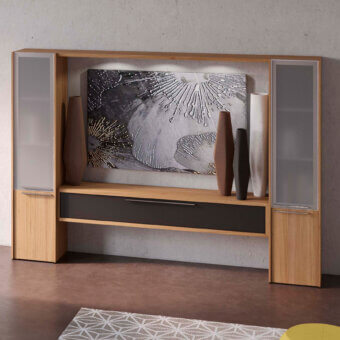 Sophisticated Codutti Genesis wall unit combining melamine top countersides glass aluminum doors wood grain panels