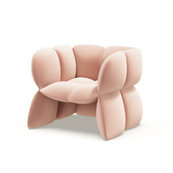 Refined Furla Casa Fiore lounge chair in pale pink fabric with sculptural petal-inspired silhouette and metal arch logo