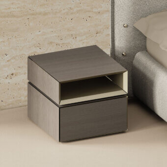 Sophisticated Furla Casa Geo nightstand in muted taupe Rovere Argilla wood veneer with rotating metal element and plinth base