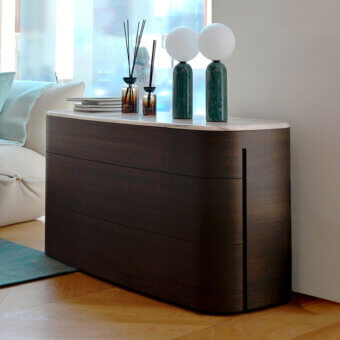 Sleek Furla Casa Miastella dresser with organic curved edges in dark brown wood-grain veneer and polished white marble
