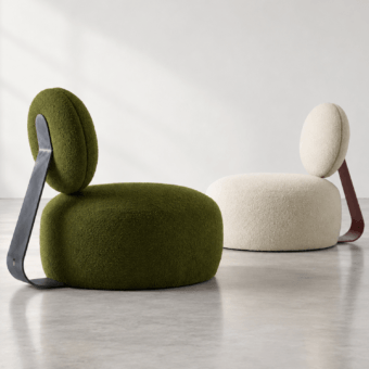 Luxury Modesign armchair in deep olive green textured textile with dark matte metal support