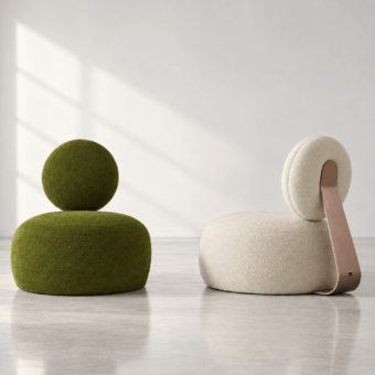 Sophisticated Modesign Mochi armchair featuring off-white textured textile with rose gold metal blade finish