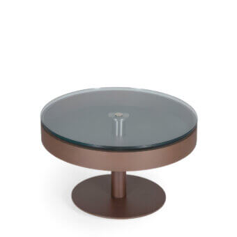 Distinguished Naos Levante round coffee table with glass top, bronze-brown painted frame and integrated wooden drawer