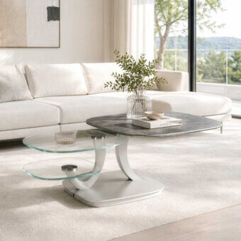 Sophisticated Naos Loto extendable coffee table in dark grey veined ceramic with transparent glass and matte light metal base