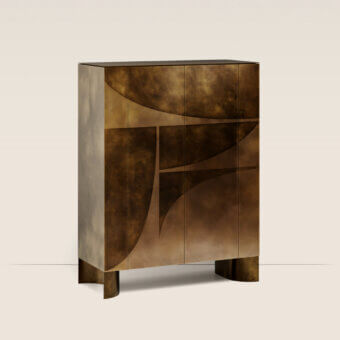 Exquisite Paolo Castelli Abstract cupboard in walnut ash wood with hand decorated brass doors and glass top