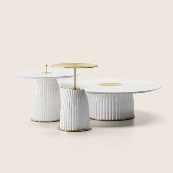 Sophisticated Paolo Castelli Dione side table with fluted ceramic base and white Carrara marble top in brushed gold trim