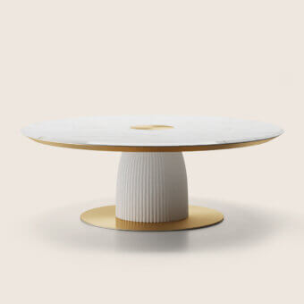 Contemporary Paolo Castelli Dione dining table with white Carrara marble top and fluted ceramic base