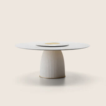 Exquisite Paolo Castelli Dione round dining table featuring white Carrara marble and ribbed ceramic base