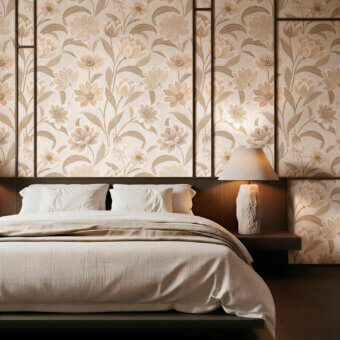 Sophisticated Cassoni Tecnografica Aurora wallcovering in muted beige taupe creamy white floral motif with matte finish