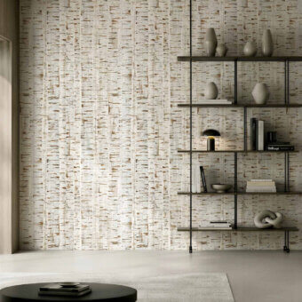 Exquisite Tecnografica wallcovering with off-white vertical birch bark pattern and textured finish