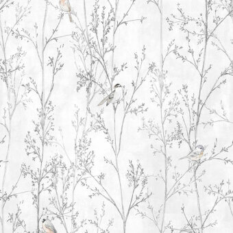 Exquisite Tecnografica wallcovering showcasing botanical branches with birds in off white dark gray charcoal brown orange pink tones