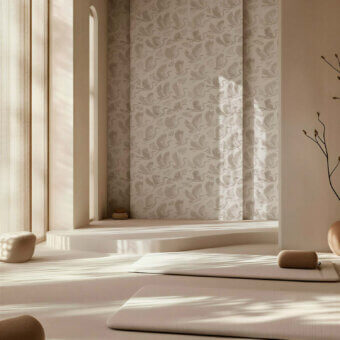 Exquisite Tecnografica modular wallcovering featuring bird foliage graphics in off white taupe matte finish synthetic