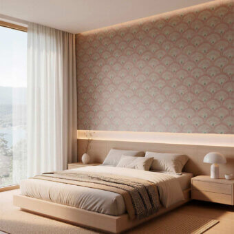 Exquisite Cassoni wallcovering by Tecnografica Italian Wallcoverings featuring fan geometric pattern in pink cream matte textured finish