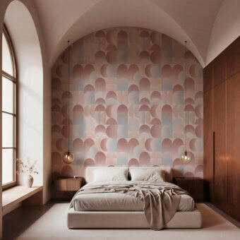 Exquisite Tecnografica wallcovering displaying geometric arches rendered in pink terracotta blue and greyish beige matte finish