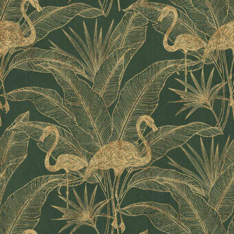 Exquisite Tecnografica Italian Wallcoverings modular wallcovering featuring dark green tropical botanical pattern with golden yellow motifs