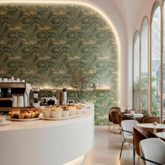 Luxury Tecnografica wallcovering with tropical flamingo motif lush foliage deep forest green metallic gold matte finish