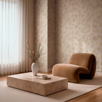 Sophisticated Tecnografica Herbarium botanical wallcovering in soft beige cream with golden green leaf motifs and matte textured finish