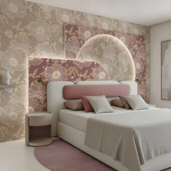 Elegant Tecnografica Italian Wallcoverings mural featuring botanical motif in taupe tones with matte finish