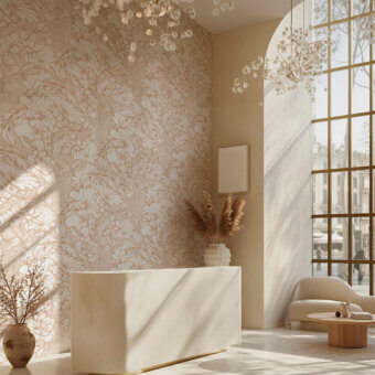 Exquisite Tecnografica wallcovering showcasing floral botanical motifs with grid texture in beige copper synthetic paper matte finish