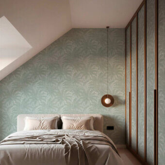 Luxury Tecnografica mural featuring contemporary botanical palm leaf pattern in muted sage green with textured finish