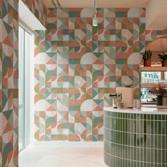 Luxury Tecnografica Italian Wallcoverings Ritmo wallpaper in sage green terracotta orange off-white with textured finish