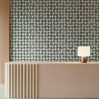 Luxury Tecnografica wallcovering in muted green and charcoal grey textured textile with geometric halved circles finish