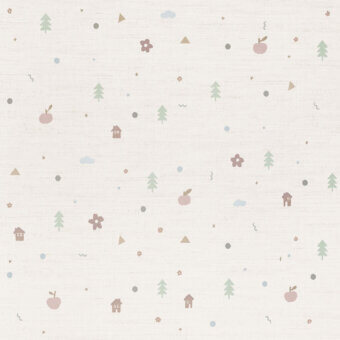 Sophisticated Tecnografica Italian Wallcoverings modular wallcovering featuring matte textured woven fabric look sage green trees and muted mauve houses
