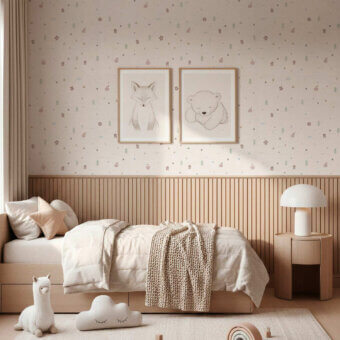 Sophisticated Tecnografica wallcovering in off-white paper with matte finish and colorful tree house motifs