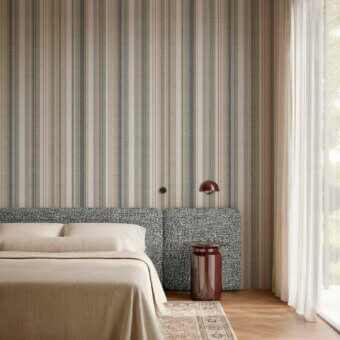 Sophisticated Tecnografica wallcovering featuring vertical striped pattern in muted beige grey green blue yellow matte finish