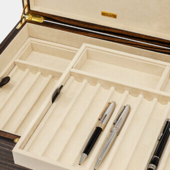 Sophisticated Vèlle Milano Monaco Pens Box in glossy Macassar ebony with cream microfiber and gold-toned hardware