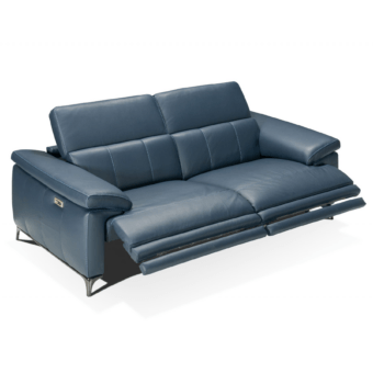 Exquisite Castello Smile sofa in dark blue textile with white contrast stitching and titanium metal base