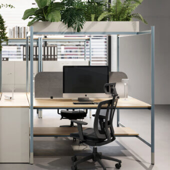 Sophisticated Codutti 2BE workstation desk featuring light wood worktop, pale blue metal structure and grey fabric panel