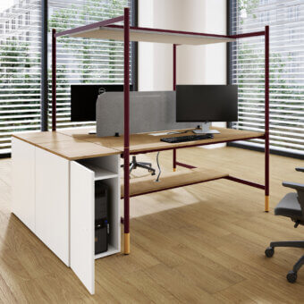 Luxury Codutti 2BE 2-seat workstation with matte wood top, burgundy metal frame, grey textile panel and white storage unit