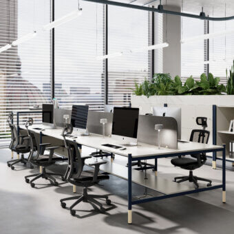 Elegant Codutti 2BE workstation with matte synthetic desktop dark blue tubular metal frame grey textured privacy screens