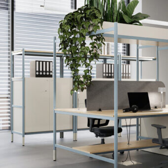 Luxury Codutti 2BE workstation desk in light grained wood with matte blue tubular metal structure plus gray fabric screen