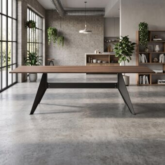 Elegant Desalto Cast table with wood tabletop and sculptural matte dark metal V-shaped legs showing minimalist aesthetics