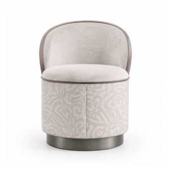 Luxury Allison JR-212 ottoman in light matte textile with Tribal Tattoo etching, contrast piping, Nickel Black base