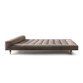 Exquisite JR Home by John Richmond chaise lounge with taupe textile grid tufted surface and nickel black antique feet