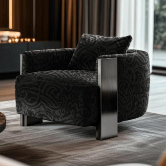 Luxury JR Home Andrew JR-095 lounge chair in charcoal textile with curvilinear motif and Nickel Black Antique metal legs