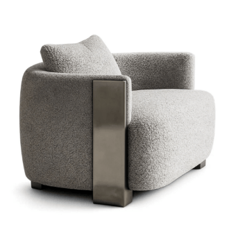 Sophisticated JR Home by John Richmond lounge chair upholstered in light grey boucle fabric featuring vertical metal inserts in nickel…
