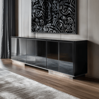 Elegant JR Home by John Richmond Charlie JR-222 sideboard in glossy lacquered black and polished stainless steel