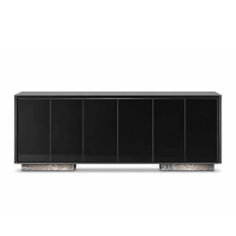 Elegant John Richmond Charlie JR-222 sideboard in high-gloss black lacquer with polished stainless steel tribal accents